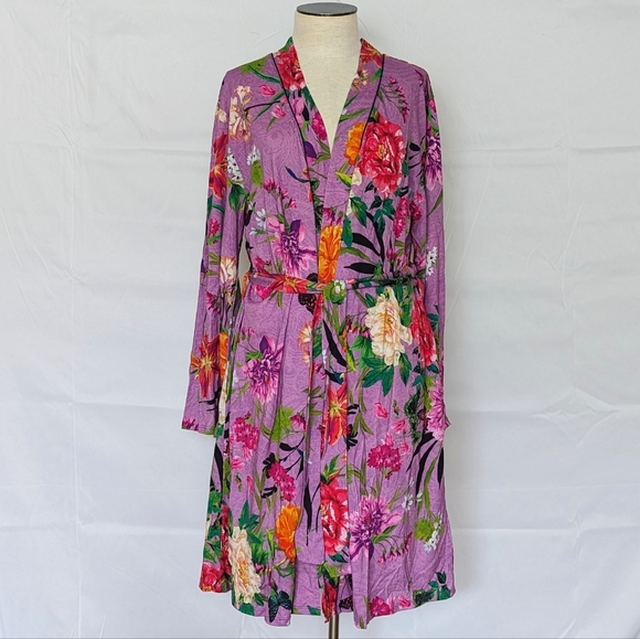 Johnny Was Other - Johnny Was Goza Robe Open Front Long Sleeve Waist Tie Pima Blend Floral L NWT